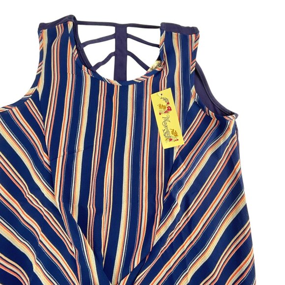 Magenta Girls Navy Striped Twist Hem Tank Top w/ Cage Back Size L NWT - Picture 3 of 7